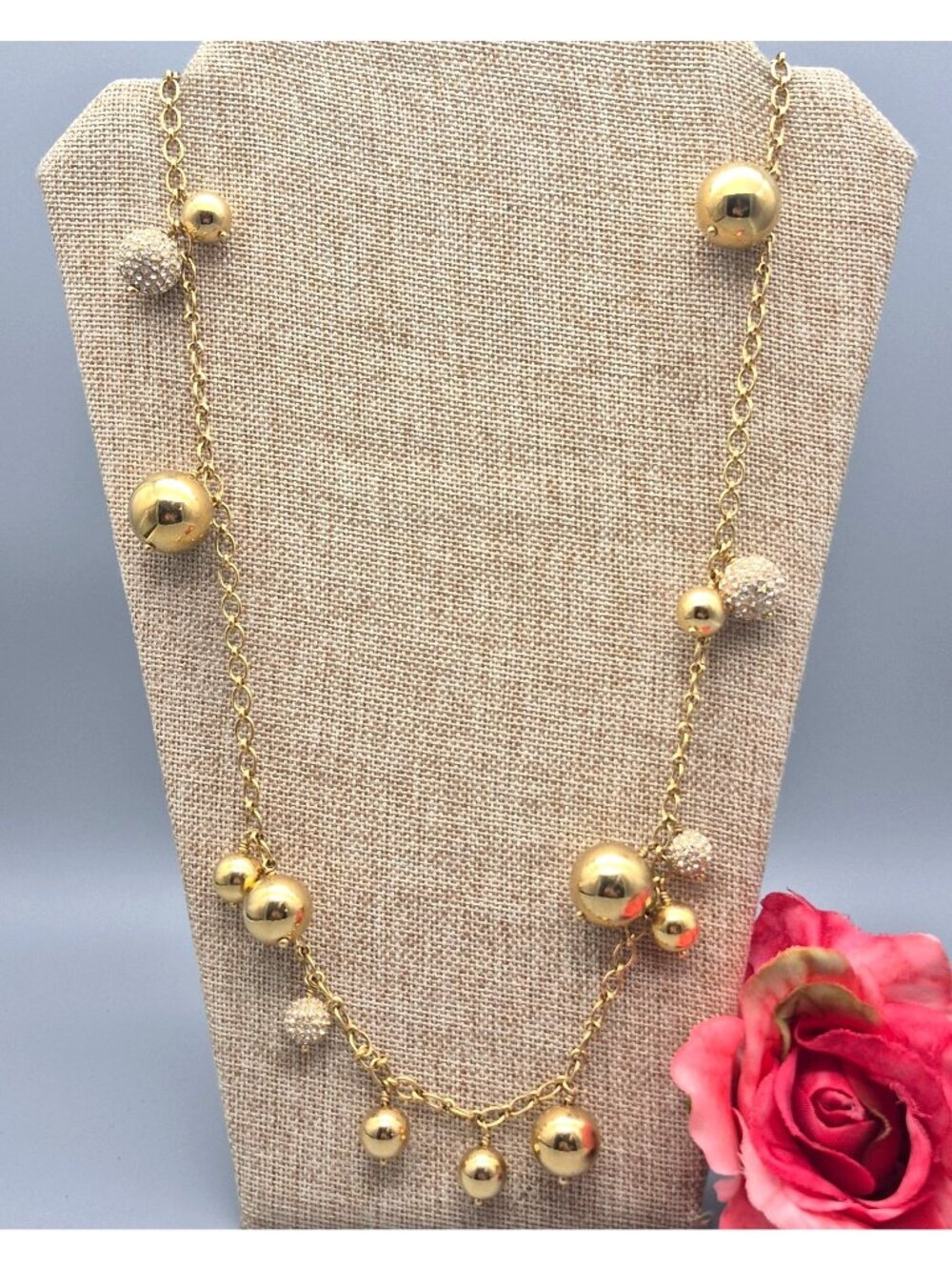Statement  J. Crew Gold Tone Station Necklace Crystal Encrusted Ball Beads 36"